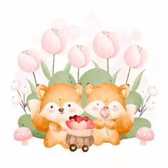 Watercolor cute couple fox and pink flowers in the garden 