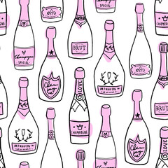 Hand drawn seamless pattern with champagne bottles. Trendy style pattern with wine in pink and white colors.
