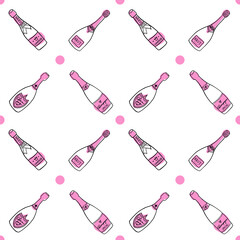 Hand drawn seamless pattern with champagne bottles. Trendy style pattern with wine in pink and white colors.