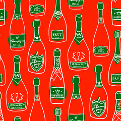 Hand drawn seamless pattern with champagne bottles. Trendy style vector pattern with wine.
