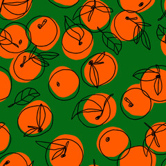 Hand drawn colorful seamless pattern with tangerines in naive style. Oranges vector pattern in bold colors.