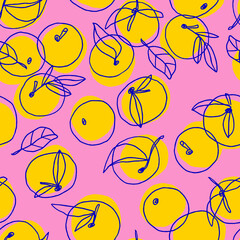Hand drawn colorful seamless pattern with tangerines in naive style. Oranges pattern in bold colors.