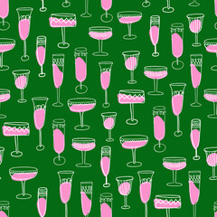 Hand drawn seamless vector pattern with alcohol glasses. Party vibes pattern with cocktails in trendy style. - 476416259