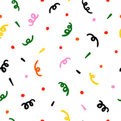 Festive hand drawn seamless vector pattern for wrapping paper. Colorful pattern with polka dot and confetti. - 476416260