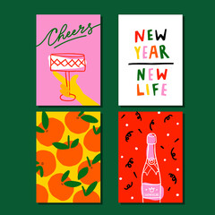 Collection of printable greeting cards for New Year vibes in trendy hand drawn naive style. - 476416271