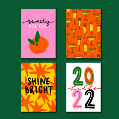 Collection of printable greeting cards for New Year vibes in trendy hand drawn naive style.