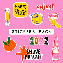 Collection of printable stickers for New Year in trendy hand drawn naive style. Party mood cut file stickers with champagne bottle, tangerines, wine glass and lettering.