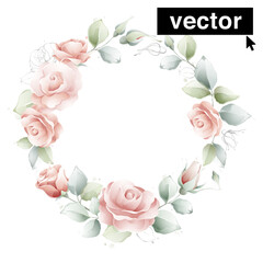 Vector watercolor flowers wreath illustration. Hand-drawn arrangements with pink roses, branches, and leaves.