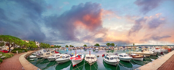 Waterfront and view of marina in resort town Crikvenica. Istria, Croatia