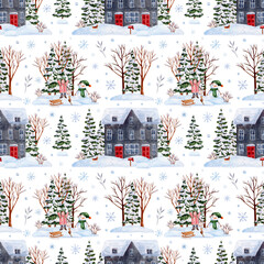 Pattern with Christmas trees and snow watercolor