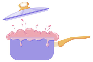 A ladle with boiling liquid, boiling milk or other liquid on the stove, splashes and splashes, a blown lid from steam in a flat style isolated on a white background. Vector illustration