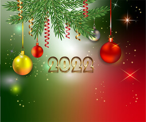 New Year's card 2022 with balloons on the Christmas tree and serpentine