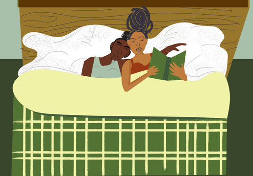 Lesbian woman sleeping while her partner is reading a book in bed 
