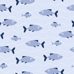 Seamless pattern of blue fishes and waves on blue background. Good for textile, paper, background, scrapbooking