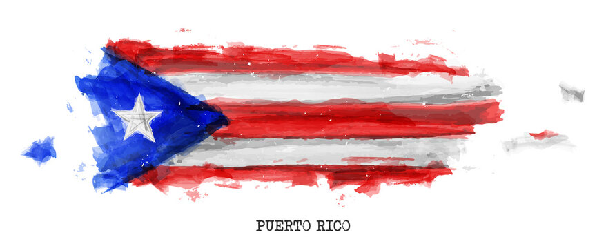 Puerto rico flag and map watercolor painting design . Realistic drawing country shape . White isolated background . Vector .