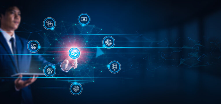 Technology 5G, 6G for global business, Cloud the next big thing, Automated programmable infrastructure, Businessman touching connect to data information on cloud computing network cyberspace. IOT