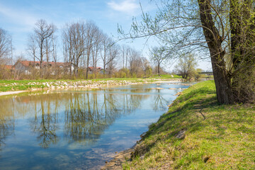 springlike landscape mangfall river, village beside the riverside