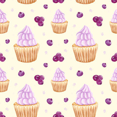 Watercolor seamless pattern. Watercolor cupcake with cream, hand drawing. Dessert with blueberries.