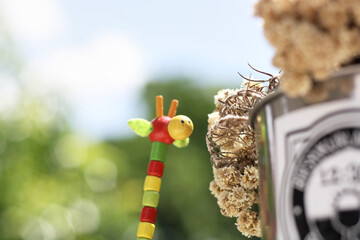 Fototapeta na wymiar Wooden toy giraffe and dried edelweiss flower