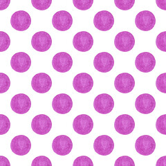Geometric seamless pattern with small purple hand painted circles on white background. For textile, print, etc.