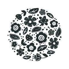 Black floral round illustration with abstract flowers, leaves. Graphic monochrome print, poster. Silhouette isolated elements on white background. Vector hand drawn image for botanic summer theme