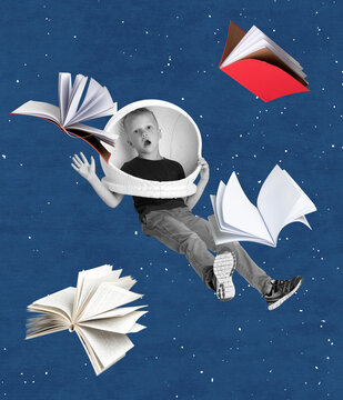 Creative design. Contemporary art collage of boy, child in astronaut helmet flying in night sky around books