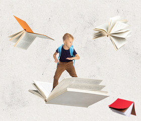 Contemporray art collage of little boy, child surfing on a book isolated over light textured...