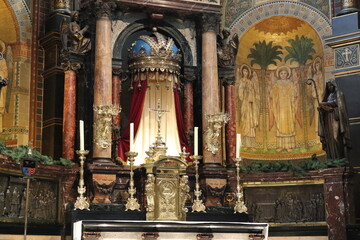 Basilica of Saint Nicholas Interior Detail with Altar, Statue and Mosaic in Amsterdam, Netherlands