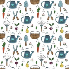 Vector seamless gardening pattern with watering can, basket, tools and vegetables in cartoon hand-drawn style.