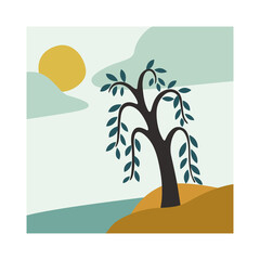 Illustration of willow tree. Simple vector illustration of landscape scene.