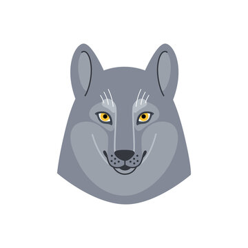 Illustration of wolf head, cute animal character. Vector print in cartoon style.