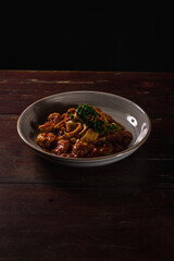 Delicious Pizza Burger Classic Homemade Tomato Sauce Sausage Cheese Onion Chicken Meat Pasta Shrimp Restaurant Menu Gourmet on a wooden table