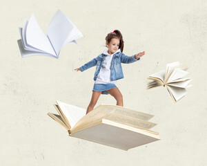 Contemporary art collage of little girl, child, standing on open book and flying isolated over...