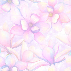 Watercolor beautiful magnolia flowers seamless pattern background. Watercolour spring elegant botanical illustration