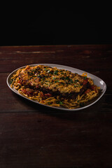 Delicious Pizza Burger Classic Homemade Tomato Sauce Sausage Cheese Onion Chicken Meat Pasta Shrimp Restaurant Menu Gourmet on a wooden table