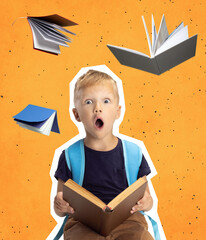 Creative art collage of surprised little boy with shocked expression reading book, story isolated...