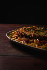 Delicious Pizza Burger Classic Homemade Tomato Sauce Sausage Cheese Onion Chicken Meat Pasta Shrimp Restaurant Menu Gourmet on a wooden table