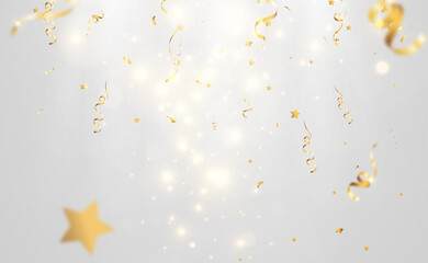 Golden confetti falls on a beautiful background. Falling streamers on stage.	
