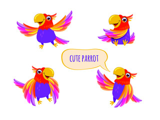 Cartoon parrot character. Cute feathered bird with colored wings, funny exotic parrot, various action poses, vector clip art isolated. Parrot animal exotic, bird tropical cartoon illustration