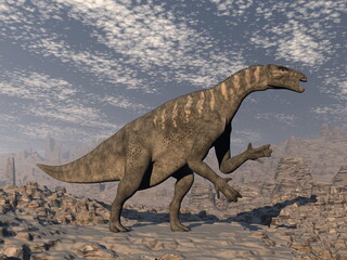 Iguanodon dinosaur in the desert - 3D render