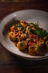 Delicious Pizza Burger Classic Homemade Tomato Sauce Sausage Cheese Onion Chicken Meat Pasta Shrimp Restaurant Menu Gourmet on a wooden table