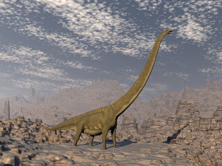 Mamenchisaurus dinosaur in the desert - 3D render © Elenarts