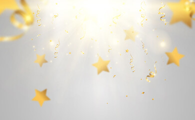 Golden confetti falls on a beautiful background. Falling streamers on stage.	

