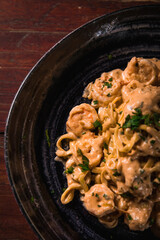 Delicious Pizza Burger Classic Homemade Tomato Sauce Sausage Cheese Onion Chicken Meat Pasta Shrimp Restaurant Menu Gourmet on a wooden table