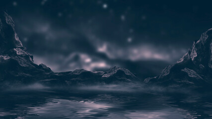 Fototapeta na wymiar Fantasy night landscape with mountains reflected in the water. Abstract islands, stones on the water. Dark natural scene. Neon space planet. 3D illustration. 