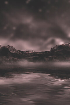 Fantasy night landscape with mountains reflected in the water. Abstract islands, stones on the water. Dark natural scene. Neon space planet. 3D illustration. © MiaStendal