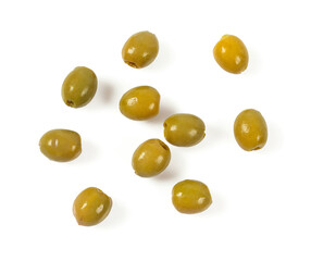 Green olives on a white background. Olives on a white background. Top view. Pitted green olives on white background. Close up.