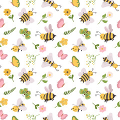 Cute cartoon bees with pink and yellow flowers vector seamles pattern. Hand drawn fabric textile graphic design.