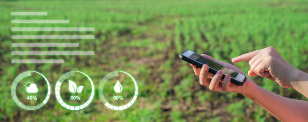 Agriculture technology farmer man using tablet or mobile smart phone wireless technology to...
