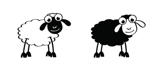 Cartoon, comic cute black and white sheep stickman. sheep icon. Drawing black sheep lamb sign or pictogram. Stick figure character. Happy animal face. Vector